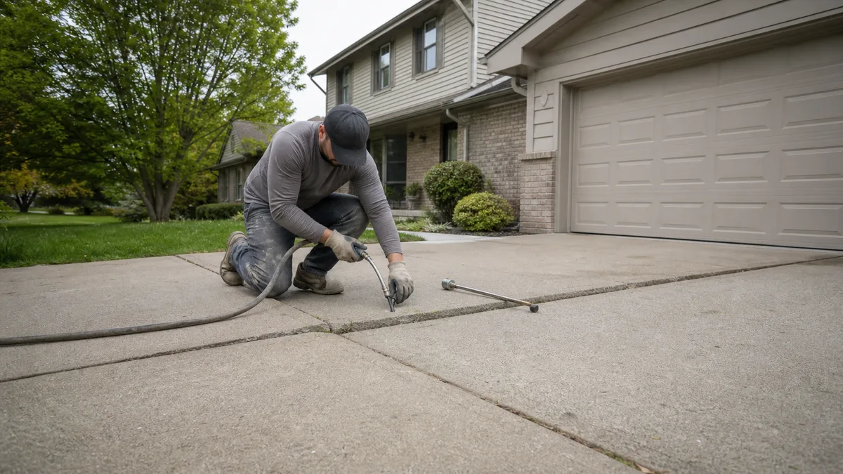 Concrete leveling technician working on a settled driveway slab near a garage