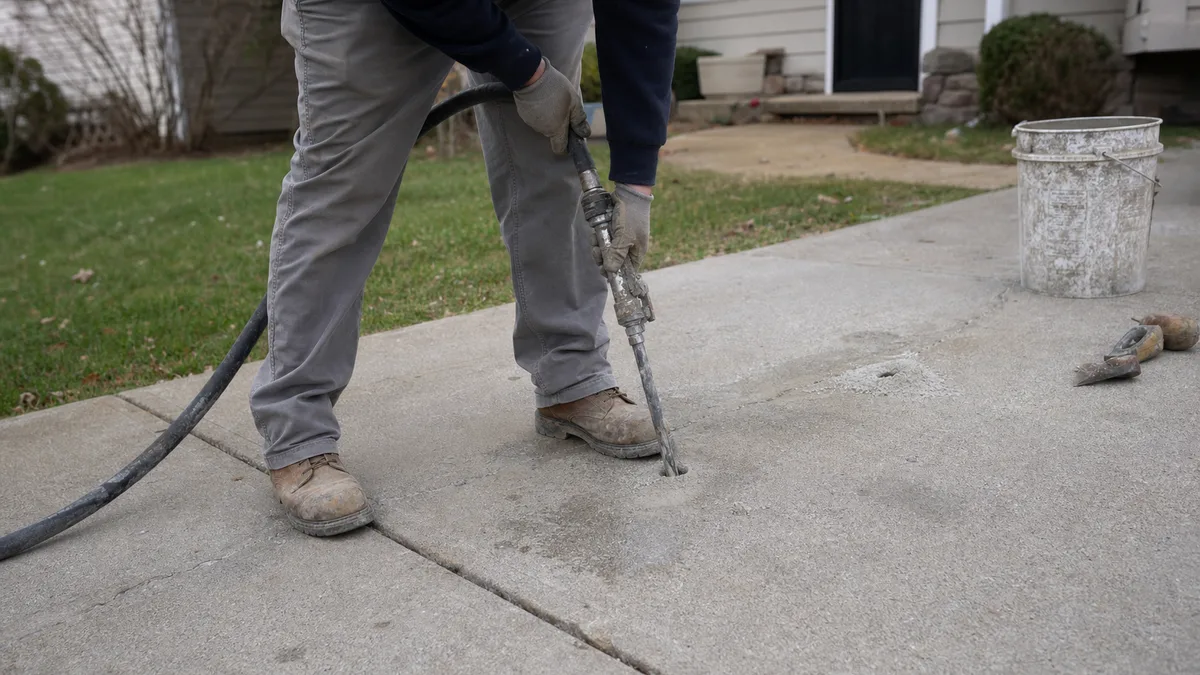 Concrete mudjacking equipment used to lift a settled slab