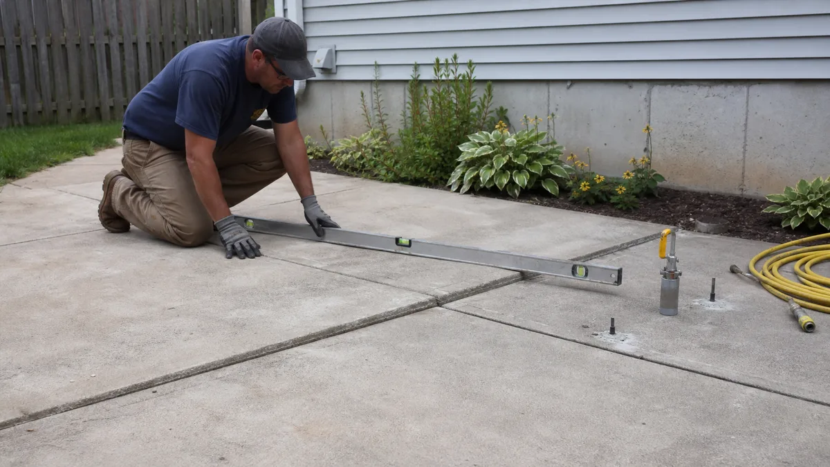 Settled concrete patio being prepared for slab leveling